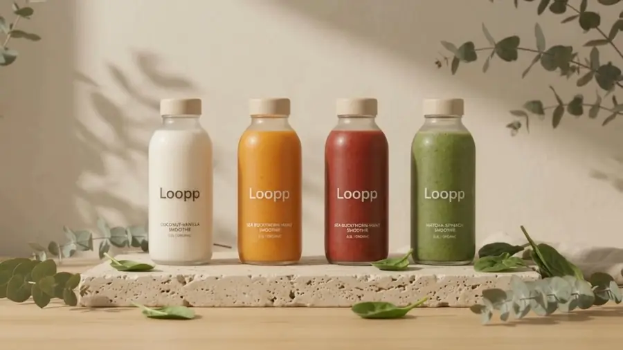 Alle vier Loopp Smoothies nebeneinander auf Travertin: Weiß, Orange, Rot und Grün