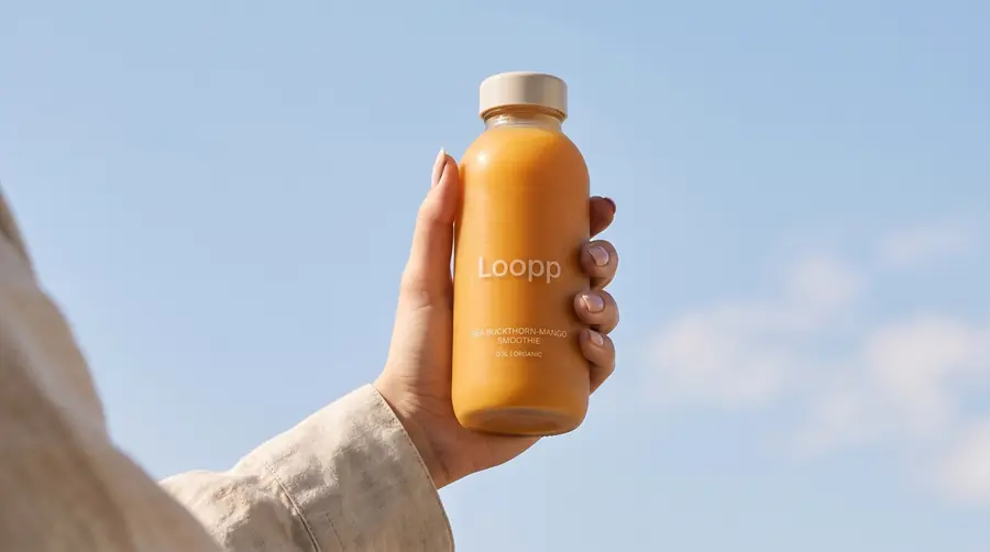 Hand hält eine Flasche Loopp Sea Buckthorn-Mango vor blauem Himmel