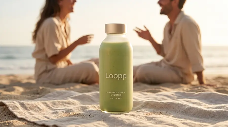 Zwei Menschen sitzen am Strand, im Vordergrund Loopp Matcha-Spinach