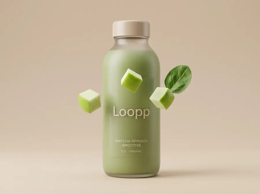 Loopp Matcha-Spinach, darum schweben Apfelwürfel und ein Spinatblatt
