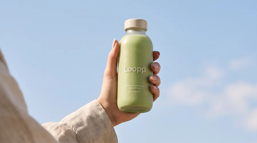 Hand hält eine Flasche Loopp Matcha-Spinach vor blauem Himmel