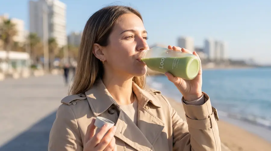 Frau trinkt Loopp Matcha-Spinach an der Strandpromenade