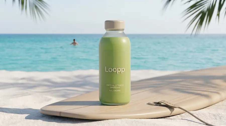 Loopp Matcha-Spinach auf einem Surfboard vor türkisem Meer
