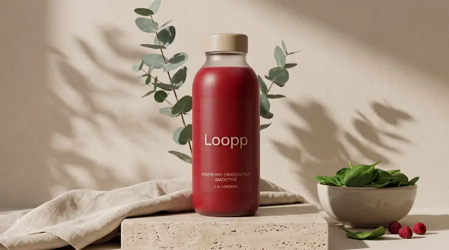Loopp Raspberry-Dragonfruit auf einem Travertin-Sockel