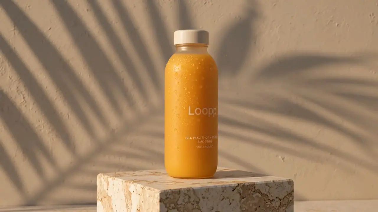 Loopp Sea Buckthorn-Mango auf einem Steinsockel mit Palmenschatten
